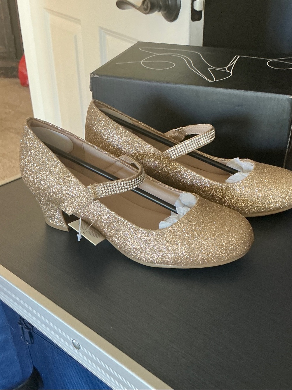 Gold Glitter Mary Jane Heels with Rhinestone Strap